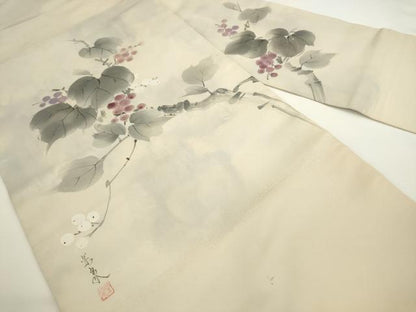 平和屋着物●九寸名古屋帯　作家物　手描き　葡萄蔦の葉文　正絹　逸品　AABL2295pf