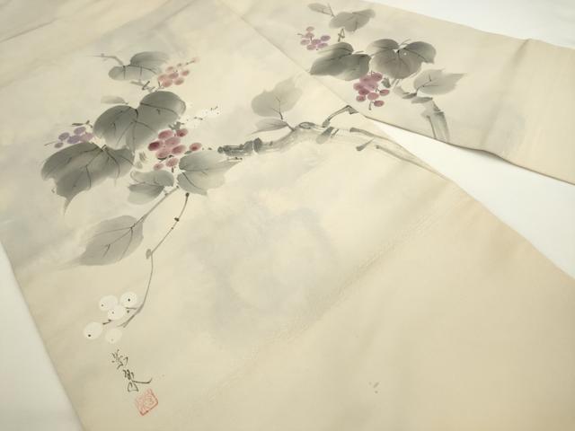 平和屋着物●九寸名古屋帯　作家物　手描き　葡萄蔦の葉文　正絹　逸品　AABL2295pf