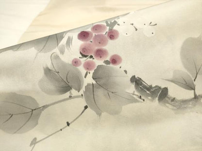 平和屋着物●九寸名古屋帯　作家物　手描き　葡萄蔦の葉文　正絹　逸品　AABL2295pf
