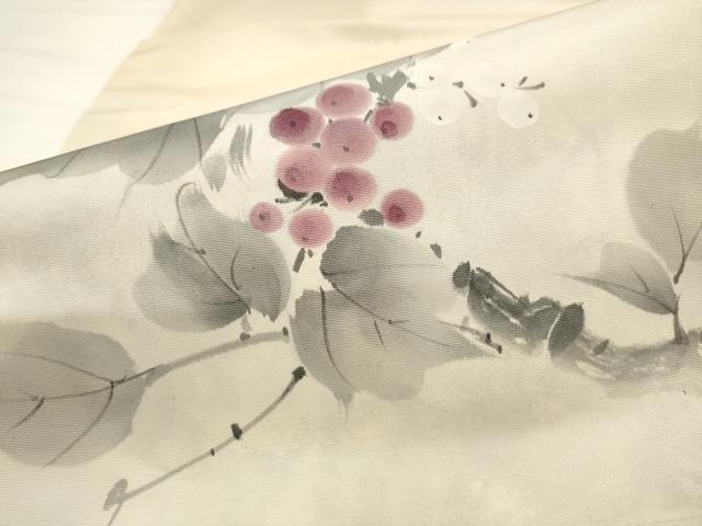 平和屋着物●九寸名古屋帯　作家物　手描き　葡萄蔦の葉文　正絹　逸品　AABL2295pf