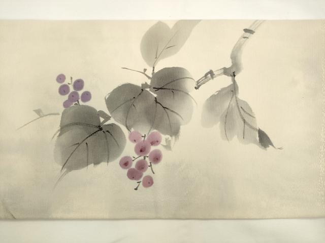 平和屋着物●九寸名古屋帯　作家物　手描き　葡萄蔦の葉文　正絹　逸品　AABL2295pf