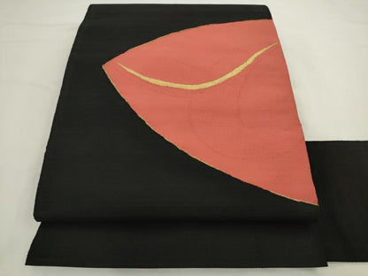 平和屋着物●綴れ　八寸名古屋帯　幾何学文様　黒地　金糸　正絹　逸品　AABL2297pf