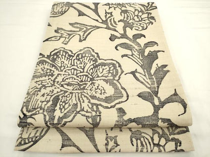 平和屋着物●六通柄袋帯　紬地　型染め　草花文　正絹　逸品　AABL2301pf
