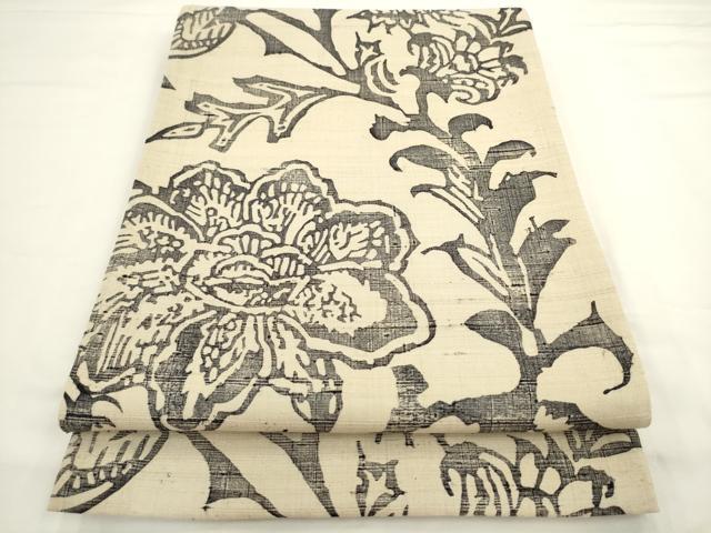 平和屋着物●六通柄袋帯　紬地　型染め　草花文　正絹　逸品　AABL2301pf