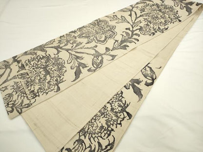 平和屋着物●六通柄袋帯　紬地　型染め　草花文　正絹　逸品　AABL2301pf