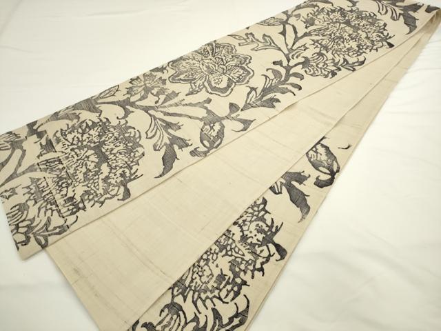 平和屋着物●六通柄袋帯　紬地　型染め　草花文　正絹　逸品　AABL2301pf