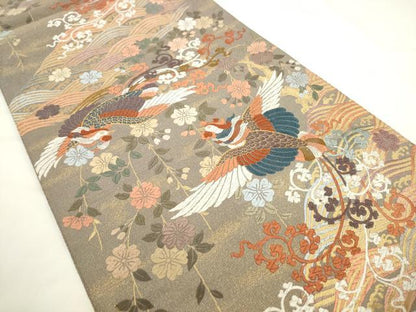 平和屋着物●綴れ　六通柄袋帯　唐織　立波鳳凰花文　金糸　正絹　逸品　AABL2306pf
