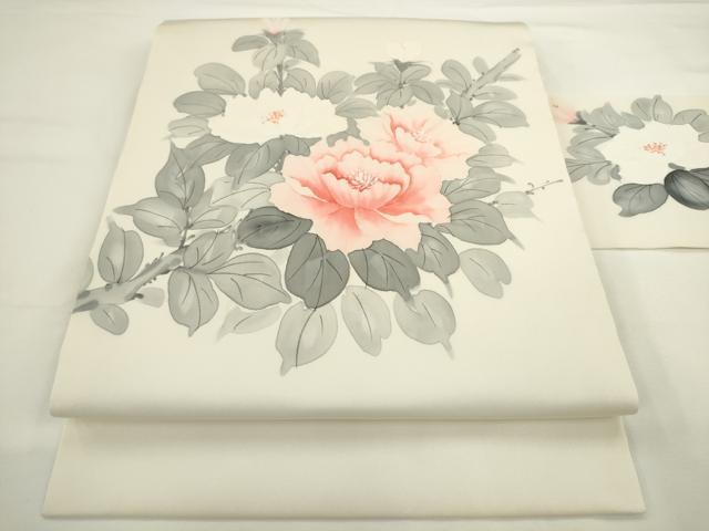 平和屋着物▼塩瀬　九寸名古屋帯　手描き　牡丹文　正絹　逸品　AABL2307pf