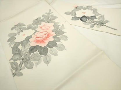 平和屋着物▼塩瀬　九寸名古屋帯　手描き　牡丹文　正絹　逸品　AABL2307pf