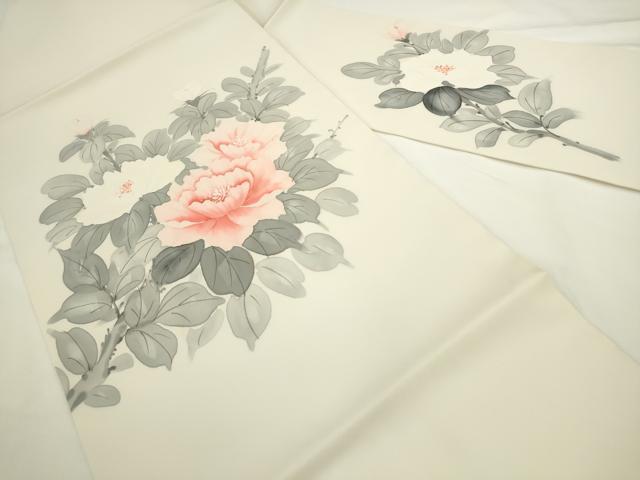 平和屋着物▼塩瀬　九寸名古屋帯　手描き　牡丹文　正絹　逸品　AABL2307pf