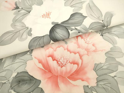 平和屋着物▼塩瀬　九寸名古屋帯　手描き　牡丹文　正絹　逸品　AABL2307pf