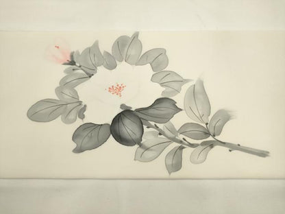 平和屋着物▼塩瀬　九寸名古屋帯　手描き　牡丹文　正絹　逸品　AABL2307pf