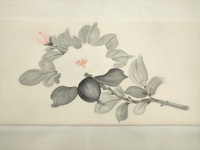 平和屋着物▼塩瀬　九寸名古屋帯　手描き　牡丹文　正絹　逸品　AABL2307pf