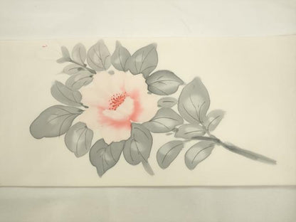 平和屋着物▼塩瀬　九寸名古屋帯　手描き　牡丹文　正絹　逸品　AABL2307pf