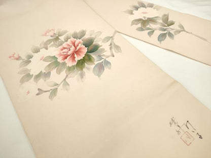 平和屋着物▼内山晴祥　手描き　塩瀬　九寸名古屋帯　枝花文　金彩　正絹　逸品　AABL2308pf