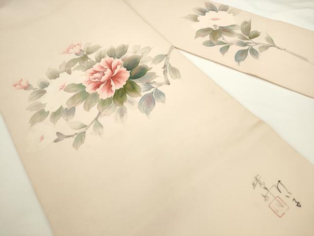 平和屋着物▼内山晴祥　手描き　塩瀬　九寸名古屋帯　枝花文　金彩　正絹　逸品　AABL2308pf
