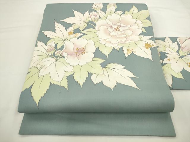 平和屋着物●塩瀬　九寸名古屋帯　手描き　草花文　金彩　正絹　逸品　AABL2311pf