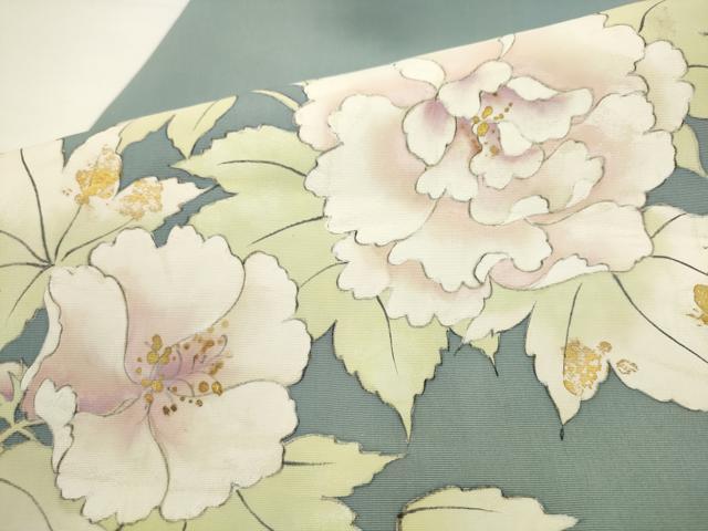 平和屋着物●塩瀬　九寸名古屋帯　手描き　草花文　金彩　正絹　逸品　AABL2311pf