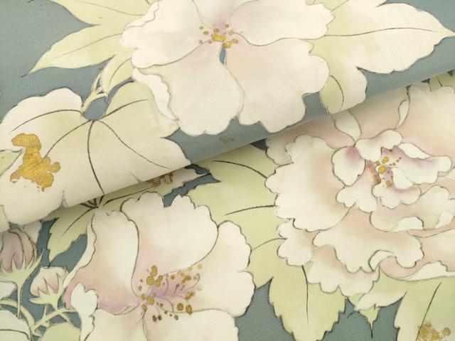 平和屋着物●塩瀬　九寸名古屋帯　手描き　草花文　金彩　正絹　逸品　AABL2311pf