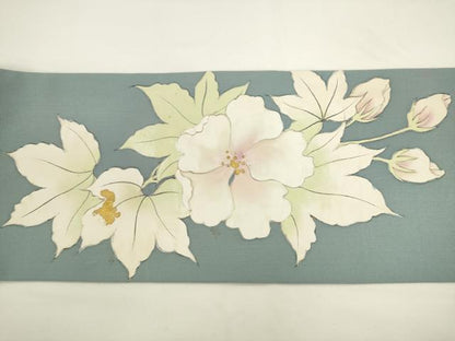 平和屋着物●塩瀬　九寸名古屋帯　手描き　草花文　金彩　正絹　逸品　AABL2311pf
