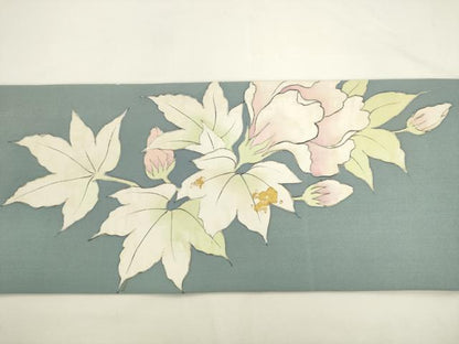 平和屋着物●塩瀬　九寸名古屋帯　手描き　草花文　金彩　正絹　逸品　AABL2311pf