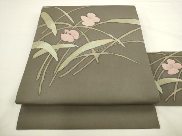 平和屋着物●塩瀬　九寸名古屋帯　ろうけつ染め　草花文　金彩　鈴乃屋扱い　正絹　逸品　AABL2315pf