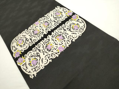 平和屋着物●太鼓柄袋帯　草花文　黒地　正絹　逸品　AABL2316pf