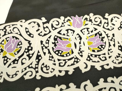 平和屋着物●太鼓柄袋帯　草花文　黒地　正絹　逸品　AABL2316pf