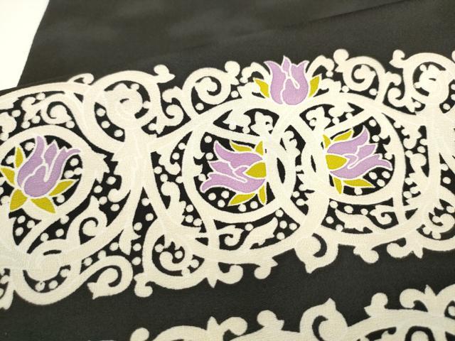 平和屋着物●太鼓柄袋帯　草花文　黒地　正絹　逸品　AABL2316pf