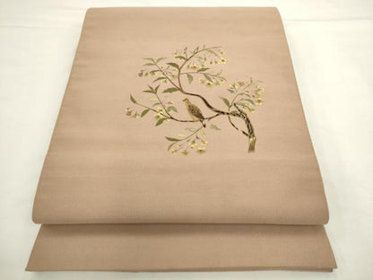 平和屋着物●爪掻き本綴れ　八寸名古屋帯　総刺繍　休み鳥　正絹　逸品　AABL2320pf
