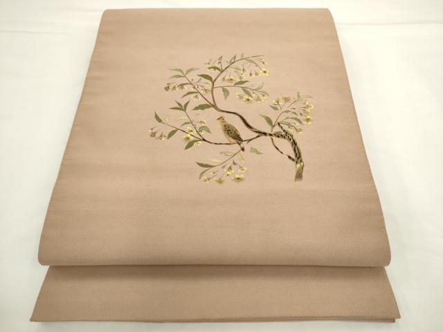 平和屋着物●爪掻き本綴れ　八寸名古屋帯　総刺繍　休み鳥　正絹　逸品　AABL2320pf
