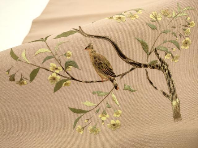 平和屋着物●爪掻き本綴れ　八寸名古屋帯　総刺繍　休み鳥　正絹　逸品　AABL2320pf