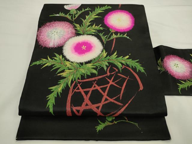 平和屋着物●アンティーク　大正ロマン　九寸名古屋帯　手描き　刺繍　草花文　黒地　正絹　逸品　AABL2321pf