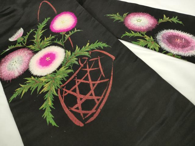 平和屋着物●アンティーク　大正ロマン　九寸名古屋帯　手描き　刺繍　草花文　黒地　正絹　逸品　AABL2321pf