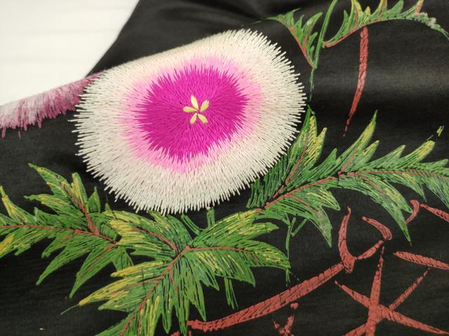 平和屋着物●アンティーク　大正ロマン　九寸名古屋帯　手描き　刺繍　草花文　黒地　正絹　逸品　AABL2321pf