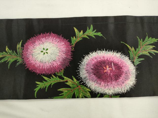 平和屋着物●アンティーク　大正ロマン　九寸名古屋帯　手描き　刺繍　草花文　黒地　正絹　逸品　AABL2321pf