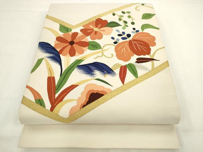 平和屋着物●爪掻き本綴れ　八寸名古屋帯　草花文　金銀糸　正絹　逸品　AABL2322pf