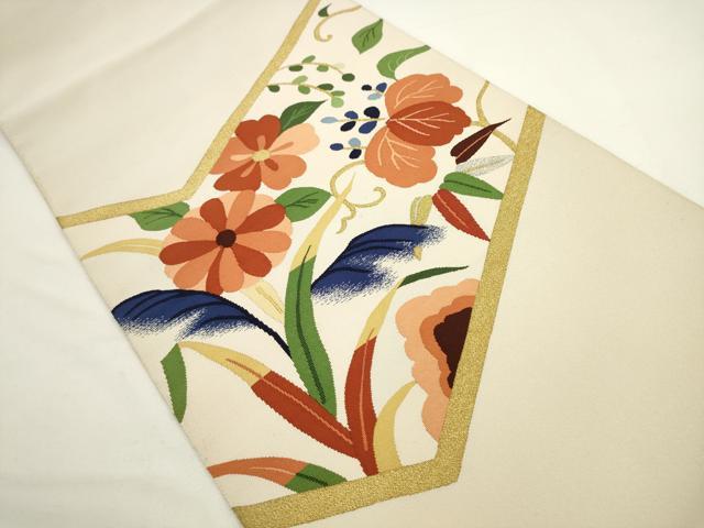 平和屋着物●爪掻き本綴れ　八寸名古屋帯　草花文　金銀糸　正絹　逸品　AABL2322pf