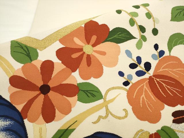 平和屋着物●爪掻き本綴れ　八寸名古屋帯　草花文　金銀糸　正絹　逸品　AABL2322pf