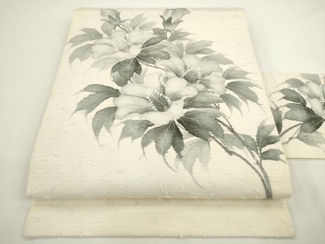 平和屋着物●九寸名古屋帯　作家物　手描き　髭紬　草花文　正絹　逸品　AABL2325pf