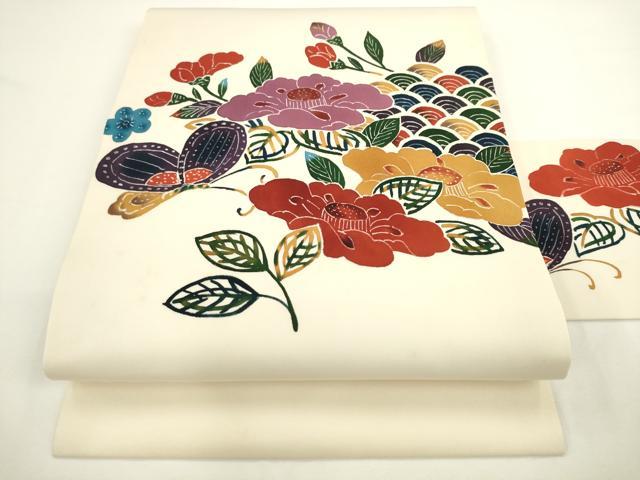平和屋着物●塩瀬　九寸名古屋帯　型染め　花蝶文　正絹　逸品　AABL2326pf