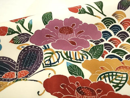 平和屋着物●塩瀬　九寸名古屋帯　型染め　花蝶文　正絹　逸品　AABL2326pf