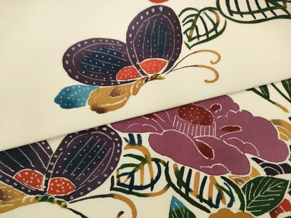 平和屋着物●塩瀬　九寸名古屋帯　型染め　花蝶文　正絹　逸品　AABL2326pf