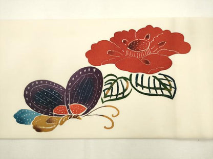 平和屋着物●塩瀬　九寸名古屋帯　型染め　花蝶文　正絹　逸品　AABL2326pf