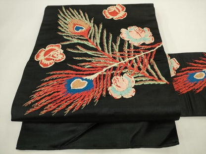 平和屋着物●アンティーク　大正ロマン　九寸名古屋帯　刺繍　孔雀羽花文　黒地　正絹　逸品　AABL2327pf