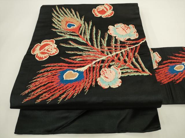 平和屋着物●アンティーク　大正ロマン　九寸名古屋帯　刺繍　孔雀羽花文　黒地　正絹　逸品　AABL2327pf