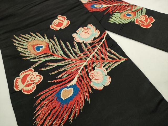 平和屋着物●アンティーク　大正ロマン　九寸名古屋帯　刺繍　孔雀羽花文　黒地　正絹　逸品　AABL2327pf