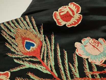 平和屋着物●アンティーク　大正ロマン　九寸名古屋帯　刺繍　孔雀羽花文　黒地　正絹　逸品　AABL2327pf