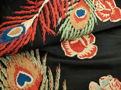 平和屋着物●アンティーク　大正ロマン　九寸名古屋帯　刺繍　孔雀羽花文　黒地　正絹　逸品　AABL2327pf