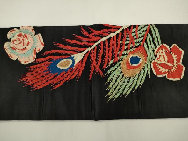 平和屋着物●アンティーク　大正ロマン　九寸名古屋帯　刺繍　孔雀羽花文　黒地　正絹　逸品　AABL2327pf